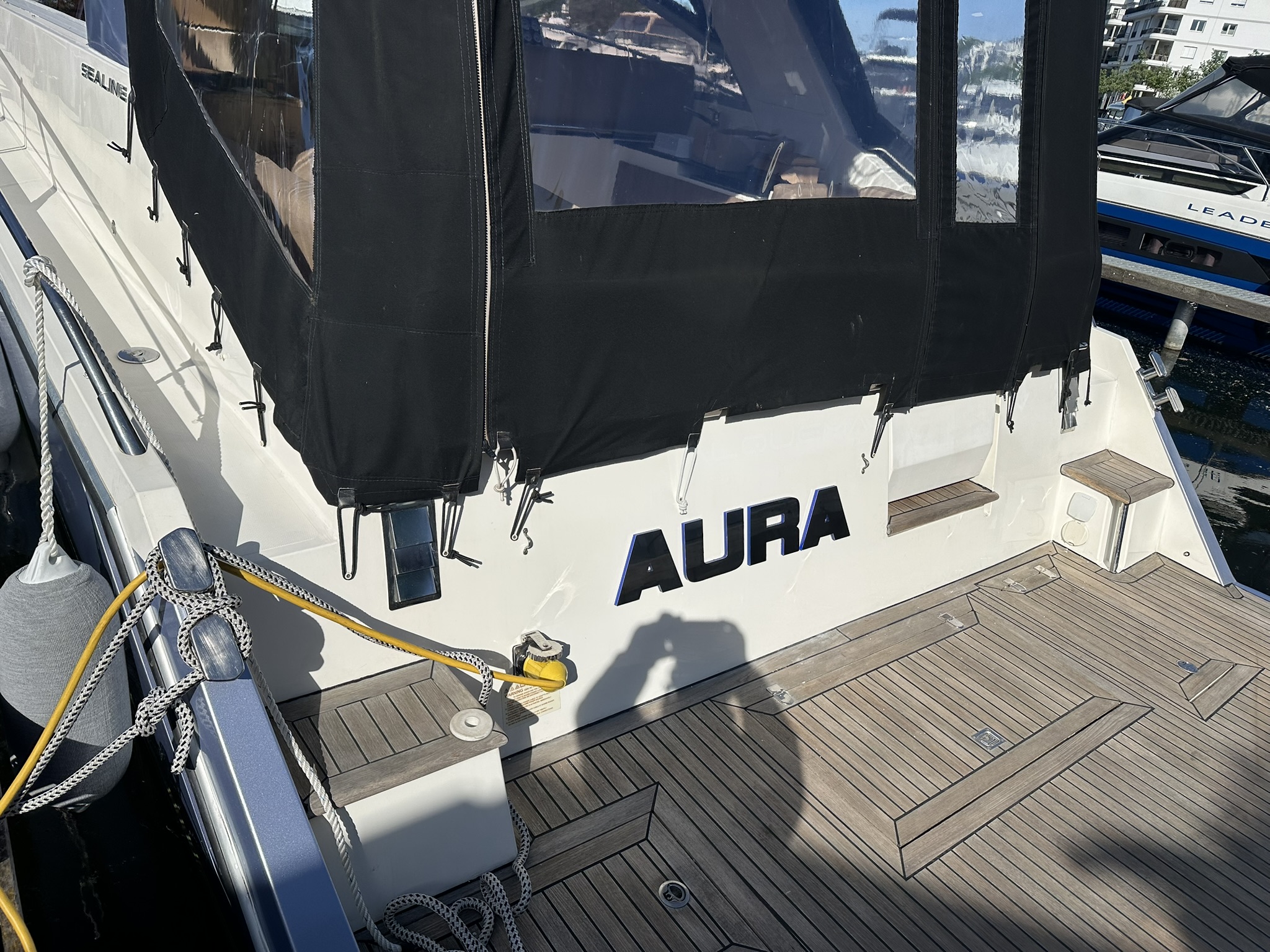 AURA Yacht Boat Label – Dark Label on White Hull
