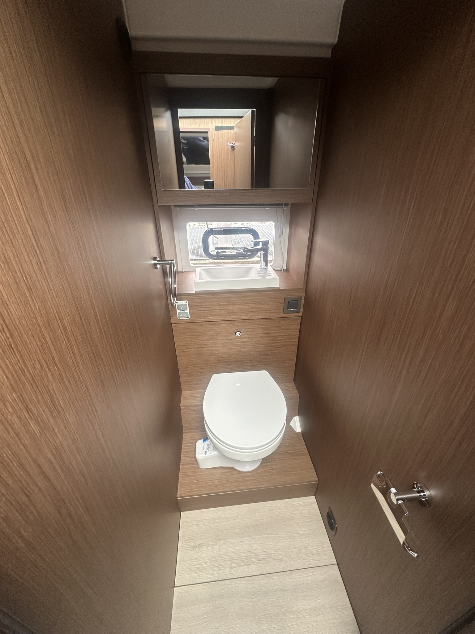 Yacht interior bathroom before - classic wooden design with wooden cladding